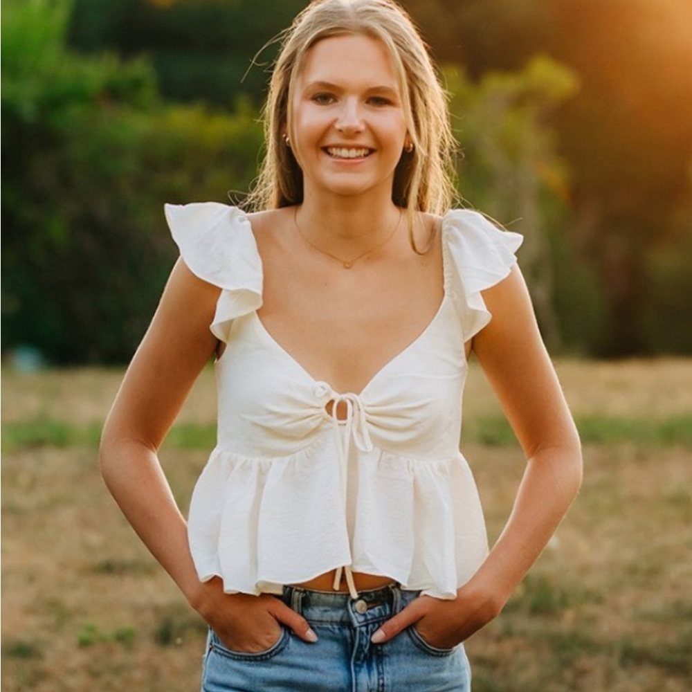 Urban Outfitters Cream Flutter Sleeve Blouse with Smocked Waist - Picture 12 of 12